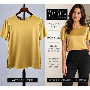 Viintage‎ Via Seta Studio 100% Silk Blouse Top Gold Yellow Short Sleeve Size 4